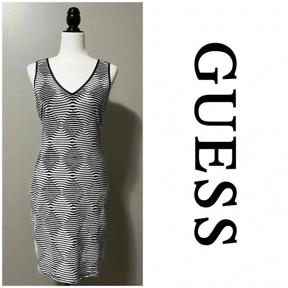 Guess Los Angeles Sleeveless V-Neck Bodycon Diamond Pattern Dress - Picture 1 of 15